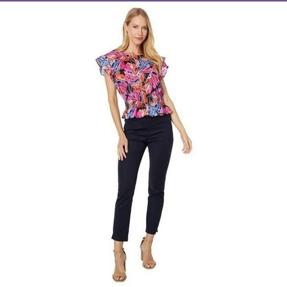 NWT Tommy Hilfiger %100 Cotton Flutter Sleeve Smock Waist Palm Leaf Ruffle Top - Picture 2 of 16